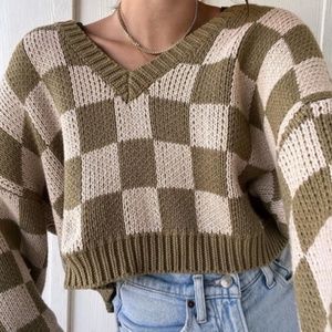 Blue Blush - Y2K - Olive Sage Green Cropped Checkerboard Sweater - Small